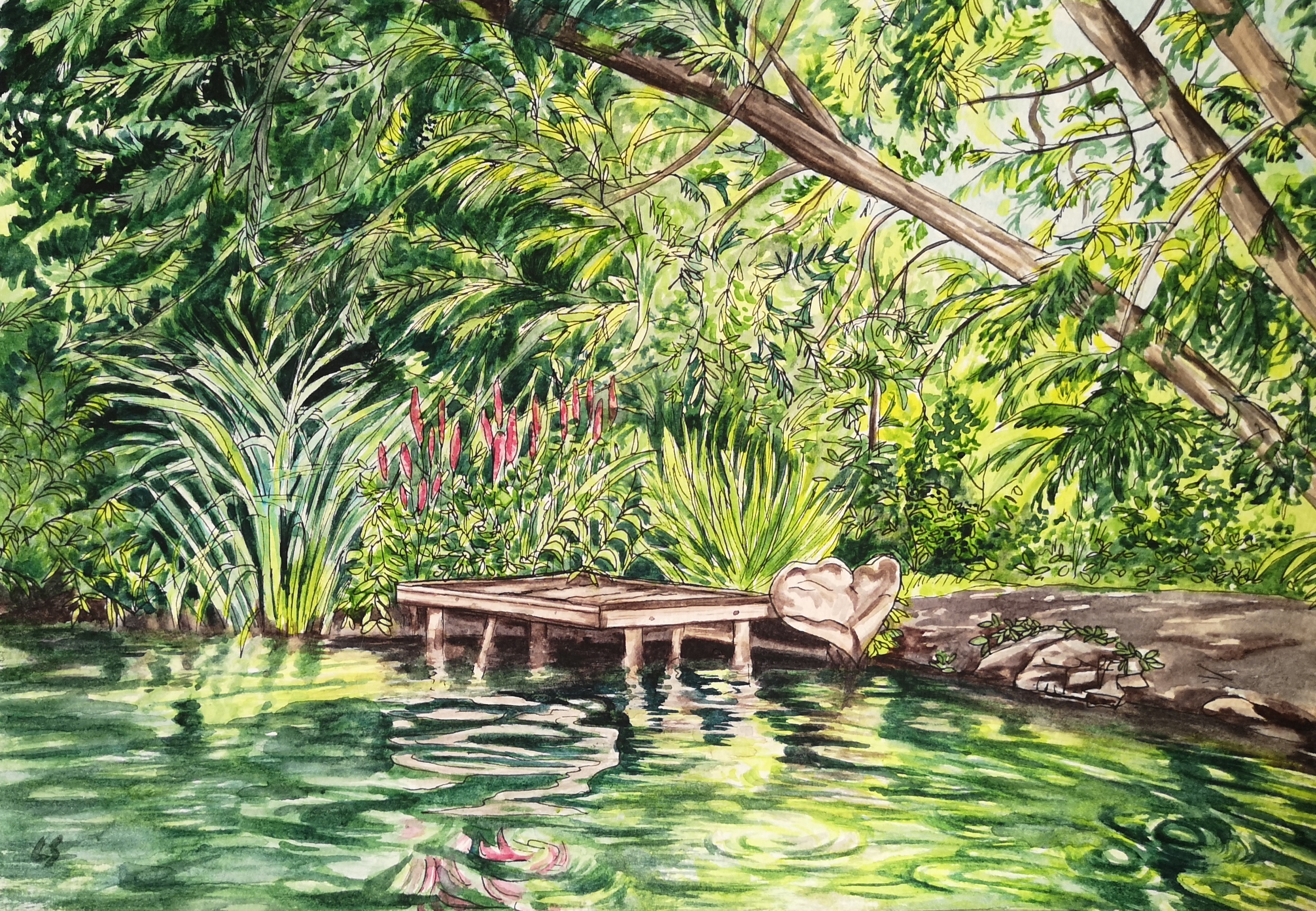 Painting of a lush lake